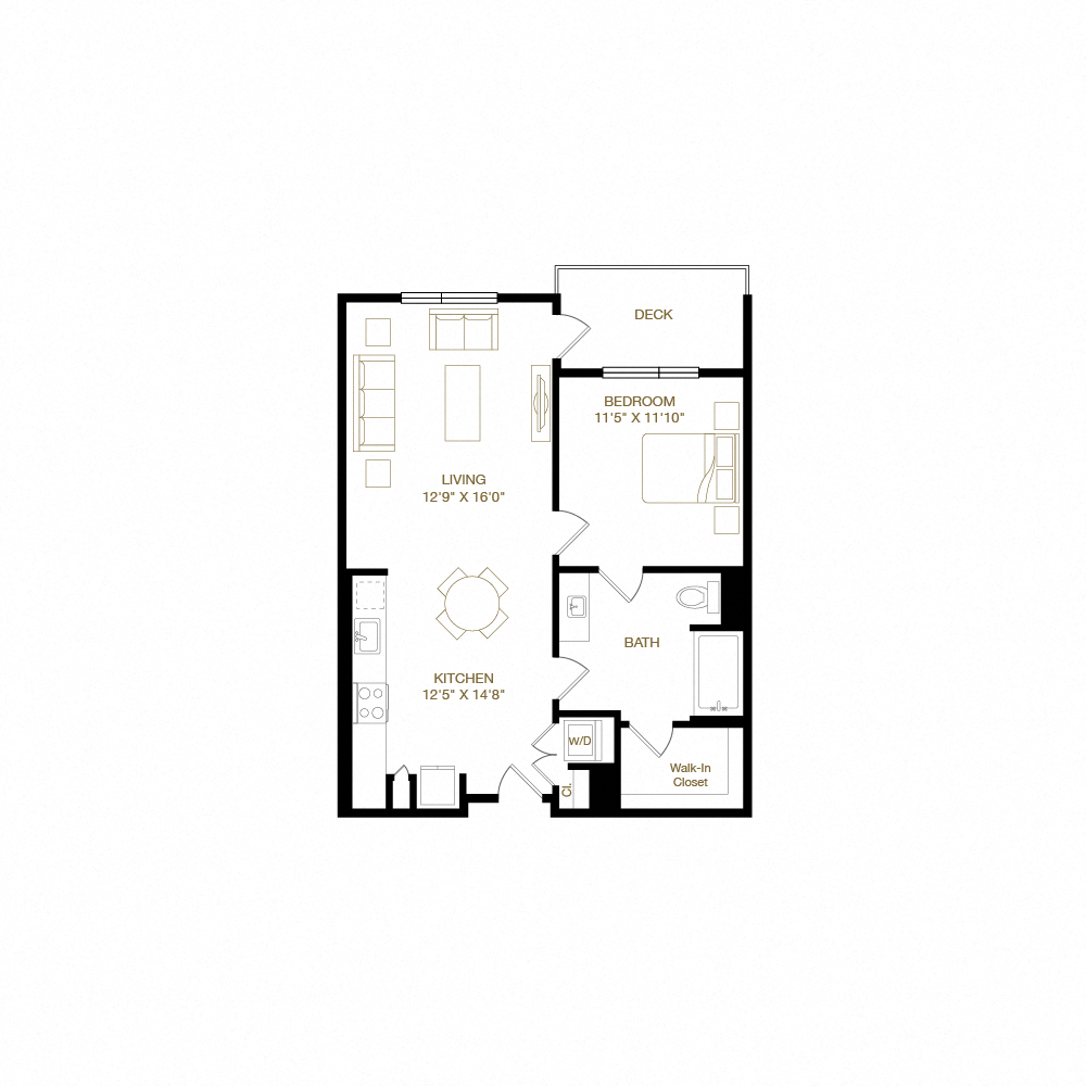 Floor plan for 1 bed, 1 bath, 793 sqft